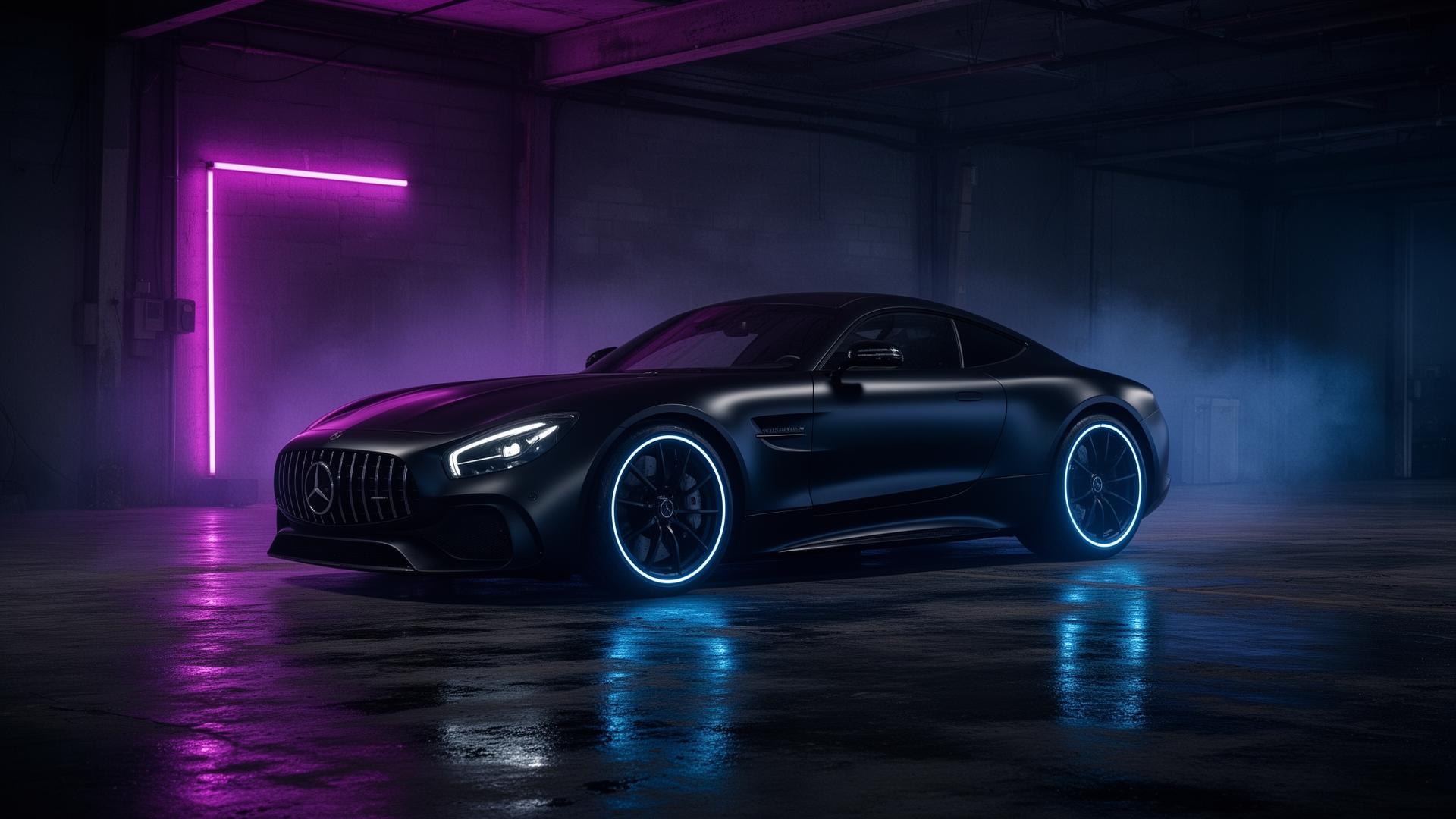 Luxury sports car under studio spotlight